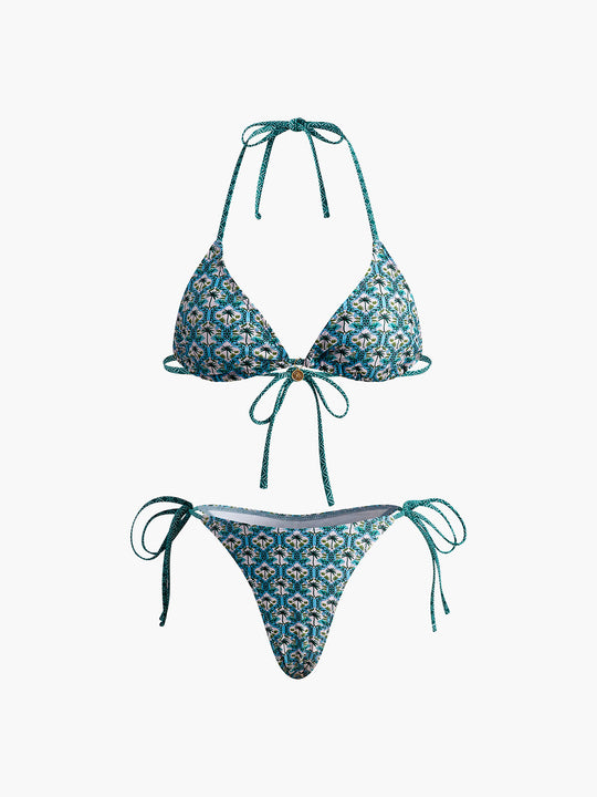 Baskılı Dantelli Bikini Takımı Yeşil Halter Yaka - SvelteChic Kadın Giyim