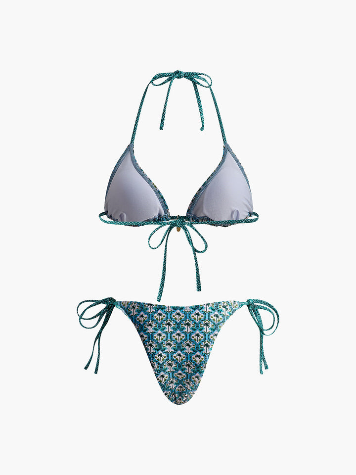Baskılı Dantelli Bikini Takımı Yeşil Halter Yaka Kombin - SvelteChic