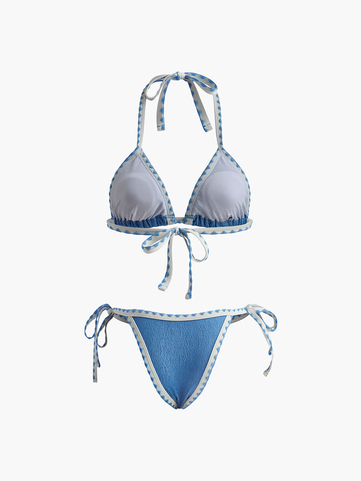 Kontrast Bağcıklı Düğümlü Bikini Takımı Mavi Puantiyeli Kombin - SvelteChic