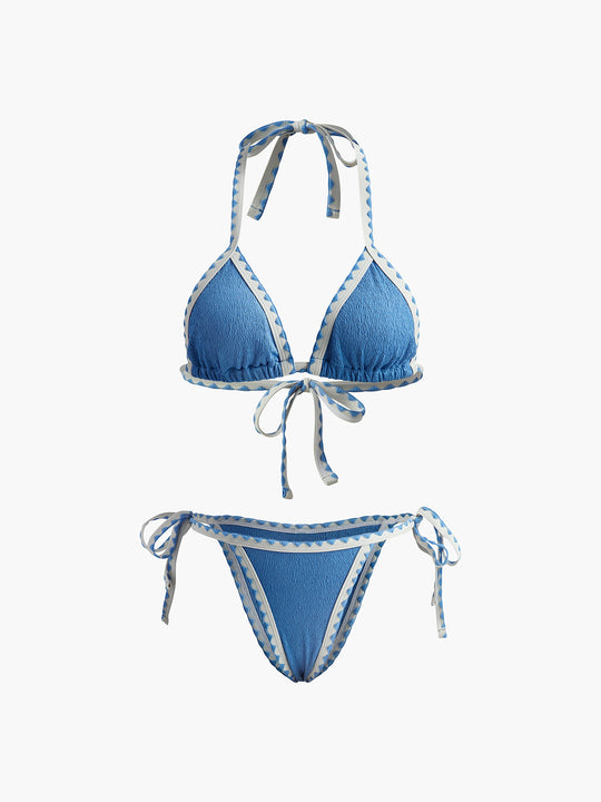 Kontrast Bağcıklı Düğümlü Bikini Takımı Mavi Puantiyeli - SvelteChic Kadın Giyim