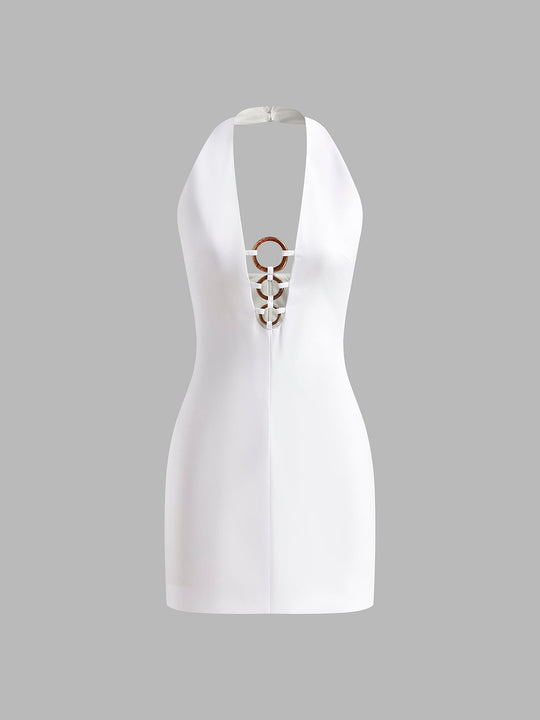 Halter Yaka Sırtı Açık Kısa Elbise Beyaz Slim Fit - SvelteChic Kadın Giyim