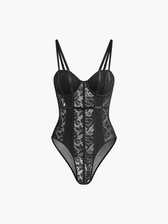 Dantel Kalp Yaka Korsaj Bodysuit Siyah Şeffaf - SvelteChic Kadın Giyim