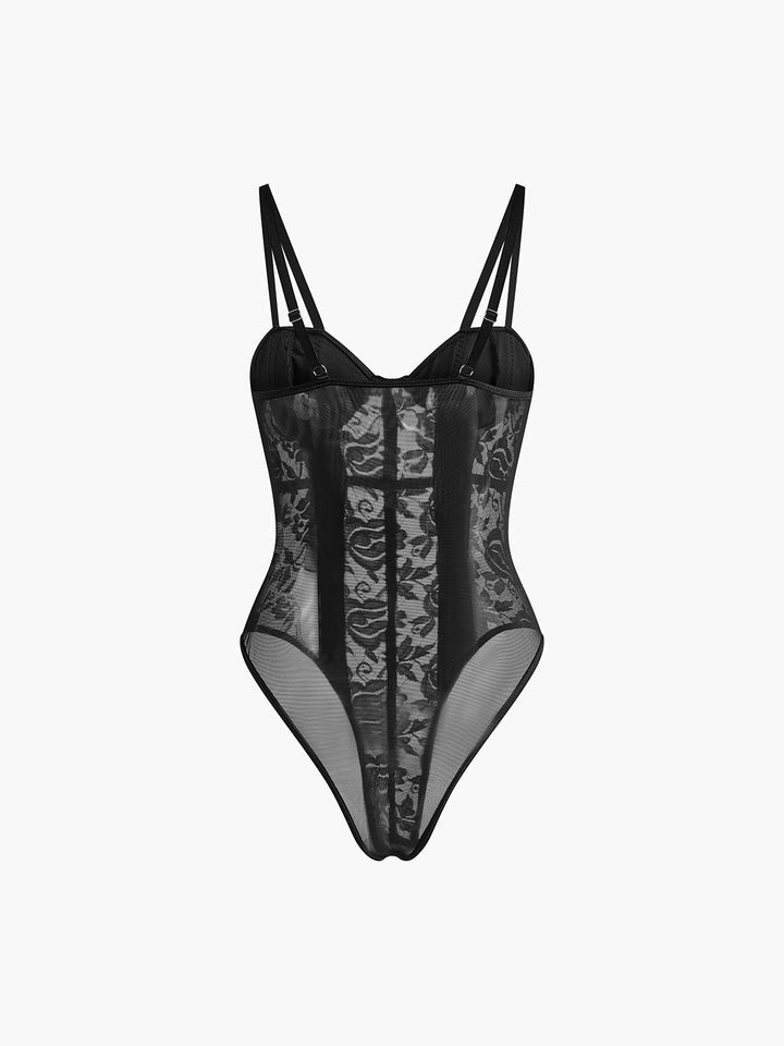 Dantel Kalp Yaka Korsaj Bodysuit Siyah Şeffaf Görsel 5 - SvelteChic