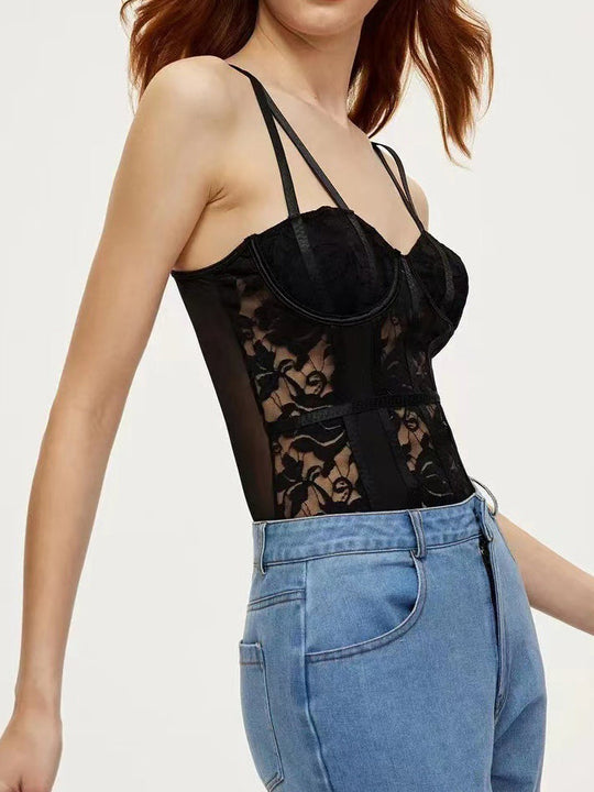 Dantel Kalp Yaka Korsaj Bodysuit Siyah Şeffaf Detay Görünüm - SvelteChic