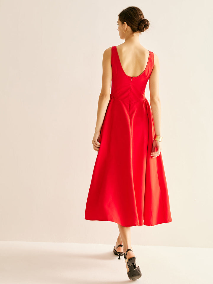 Pileli Askılı Maxi Elbise Kırmızı Yuvarlak Yaka