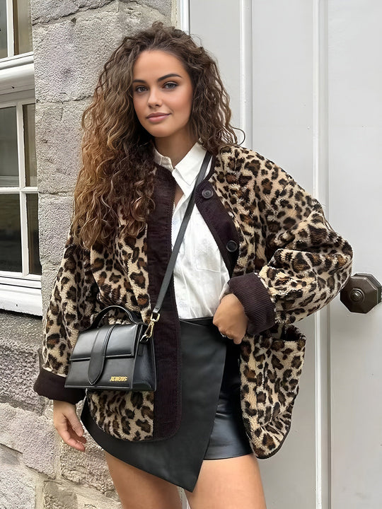 Leopar Desenli Oversize Kış Kabanı Kahverengi Uzun Kol - SvelteChic Kadın Giyim