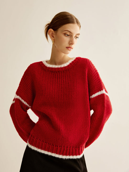 Kruvaze Yaka Kontrast Kenar Sweatshirt Kırmızı Örme - SvelteChic Kadın Giyim