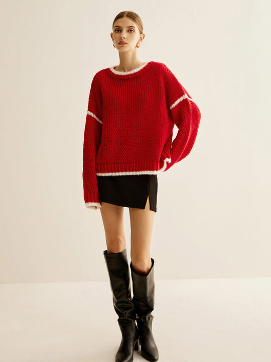 Kruvaze Yaka Kontrast Kenar Sweatshirt Kırmızı Örme Detay Görünüm - SvelteChic