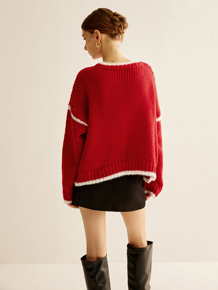 Kruvaze Yaka Kontrast Kenar Sweatshirt Kırmızı Örme Görsel 6 - SvelteChic