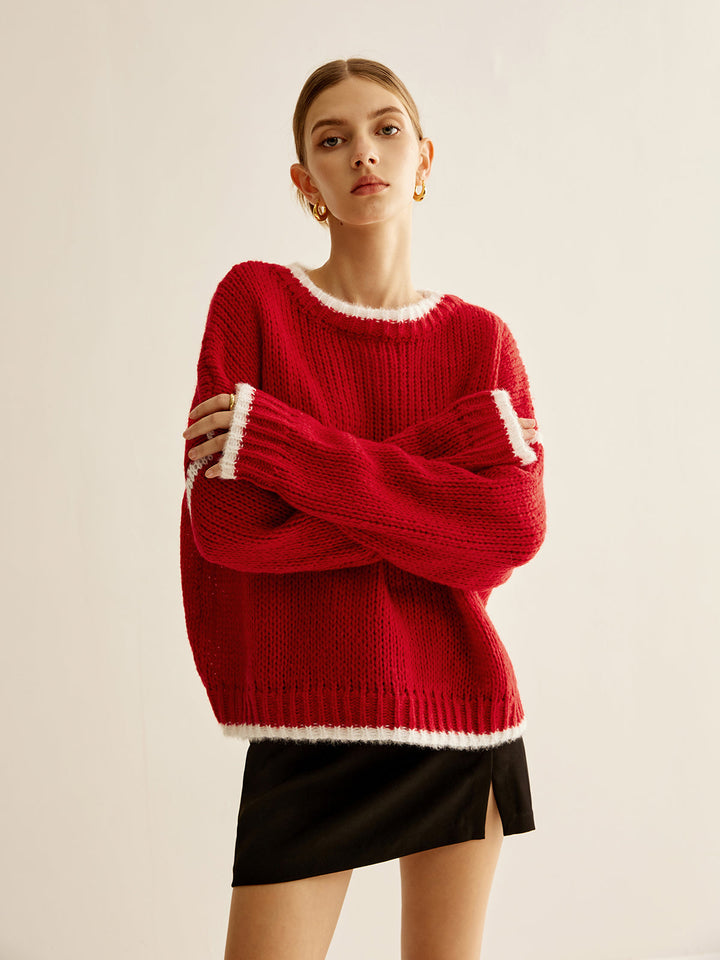 Kruvaze Yaka Kontrast Kenar Sweatshirt Kırmızı Örme Kombin - SvelteChic