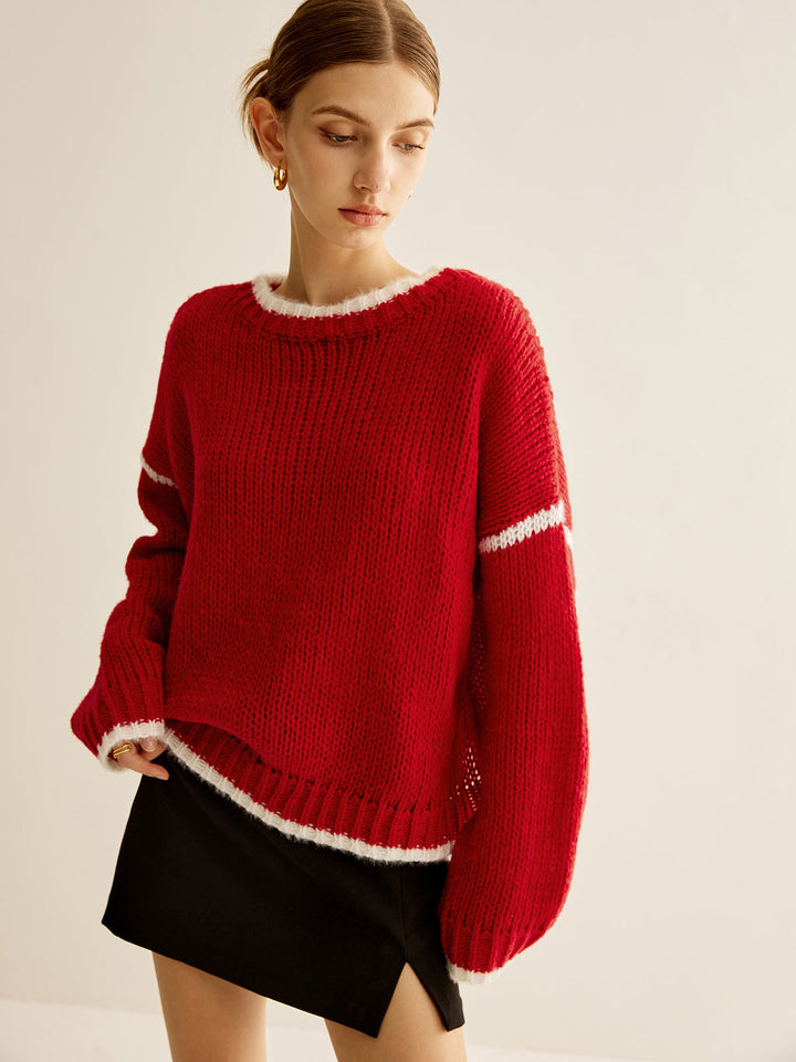 Kruvaze Yaka Kontrast Kenar Sweatshirt Kırmızı Örme Görsel 4 - SvelteChic
