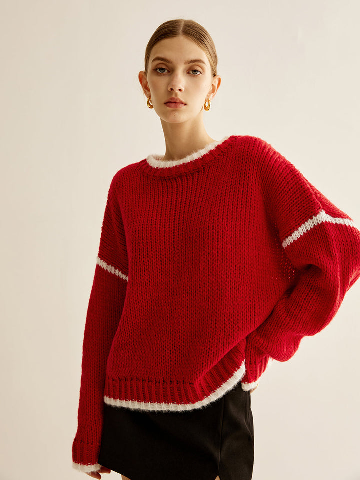 Kruvaze Yaka Kontrast Kenar Sweatshirt Kırmızı Örme Görsel 5 - SvelteChic