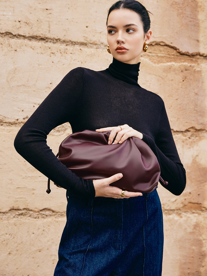 Büzgülü Yumuşak Clutch Çanta Bordo Kombin - SvelteChic