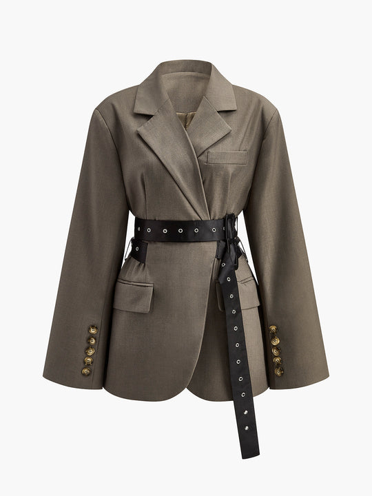 Kemerli Retro Düğmeli Blazer Koyu Kahverengi Uzun Kol - SvelteChic Kadın Giyim