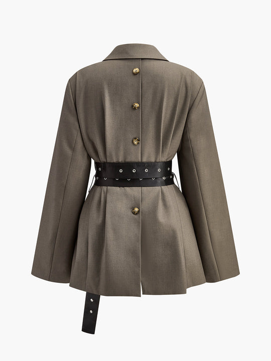 Kemerli Retro Düğmeli Blazer Koyu Kahverengi Uzun Kol Detay Görünüm - SvelteChic