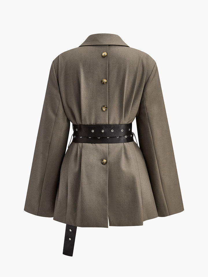 Kemerli Retro Düğmeli Blazer Koyu Kahverengi Uzun Kol Detay Görünüm - SvelteChic