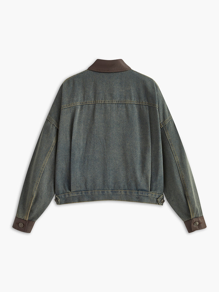 Vintage Kontrast Süslü Yaka Denim Ceket Koyu Kahverengi Uzun Kol Görsel 5 - SvelteChic