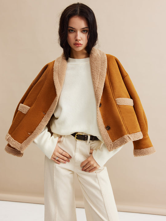 Boheme Minky Astarlı Süet Ceket Kahverengi Oversized Detay Görünüm - SvelteChic