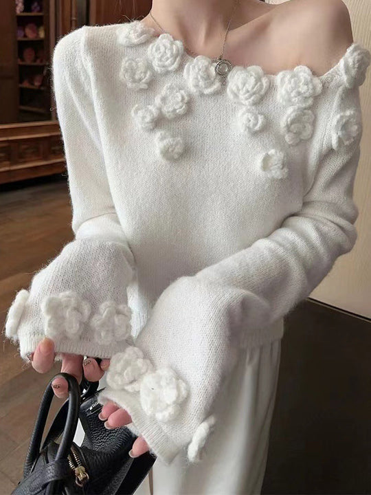 Romantik 3D Çiçekli Jarse Kazak Beyaz Uzun Kollu - SvelteChic Kadın Giyim