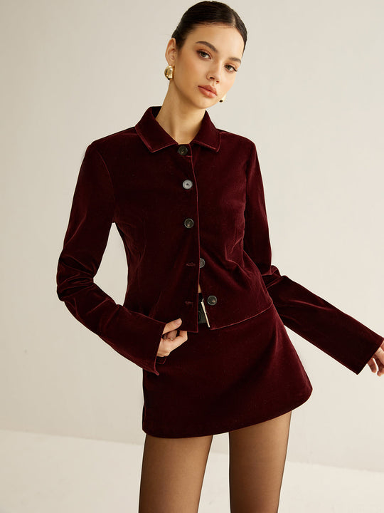 Kadife Yaka Kısa Blazer Bordo Uzun Kol - SvelteChic Kadın Giyim