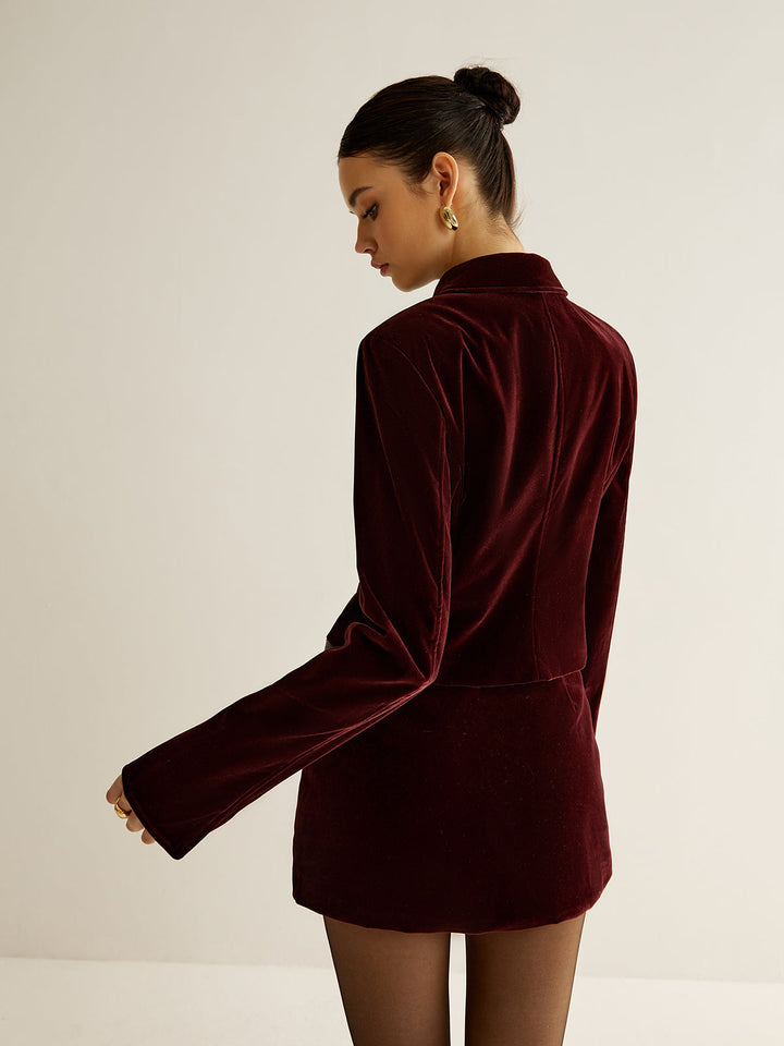 Kadife Yaka Kısa Blazer Bordo Uzun Kol Görsel 6 - SvelteChic