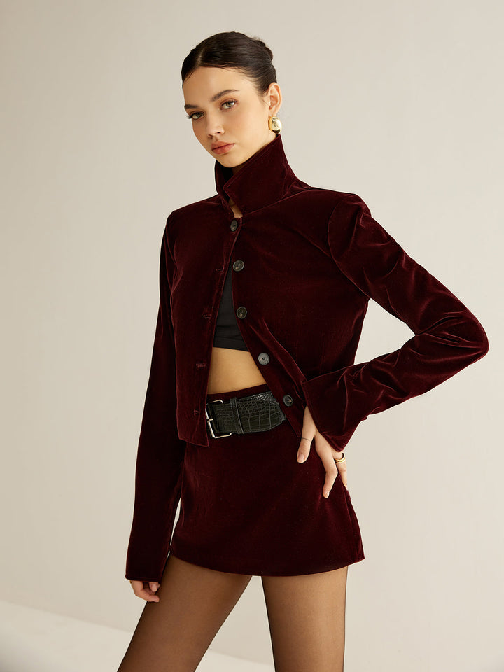 Kadife Yaka Kısa Blazer Bordo Uzun Kol Görsel 4 - SvelteChic