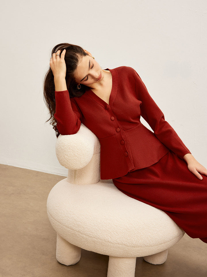 V Yaka Volanlı Jersey Etek Takımı Kırmızı Kombin - SvelteChic