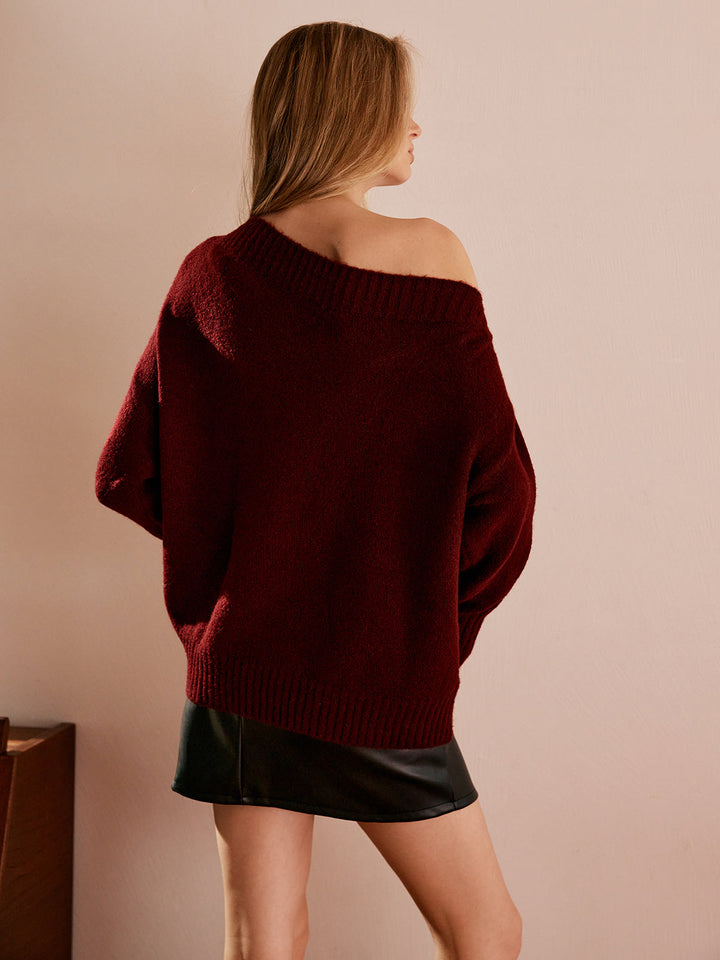Tek Omuz Drapeli Triko Kazak Bordo Oversize Görsel 5 - SvelteChic