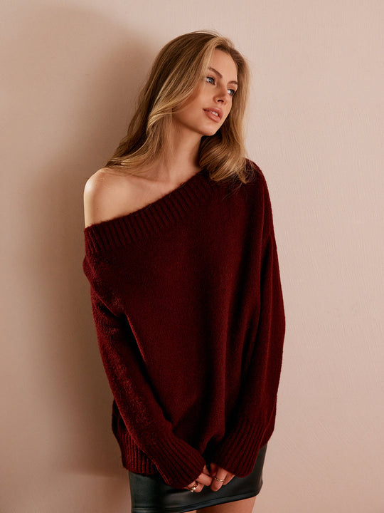 Tek Omuz Drapeli Triko Kazak Bordo Oversize - SvelteChic Kadın Giyim