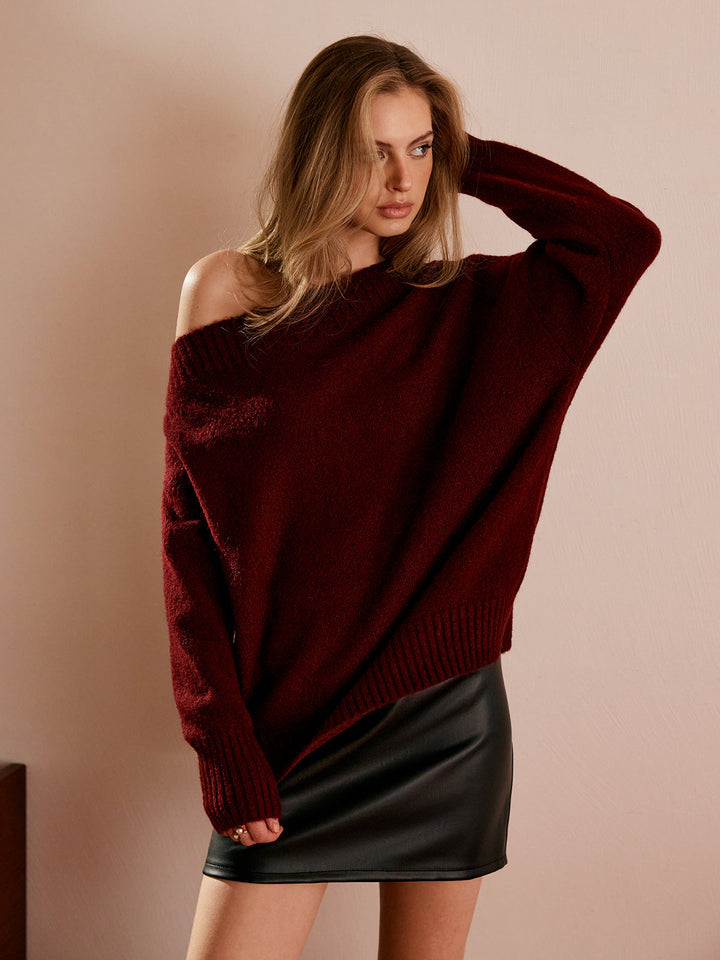 Tek Omuz Drapeli Triko Kazak Bordo Oversize Görsel 4 - SvelteChic