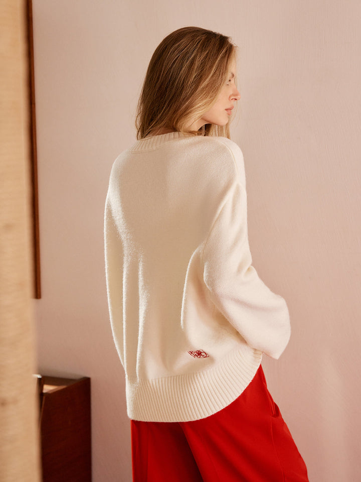 Jakarlı Triko Sweatshirt Yuvarlak Yaka Uzun Kol Ekru Kırmızı Kombin - SvelteChic