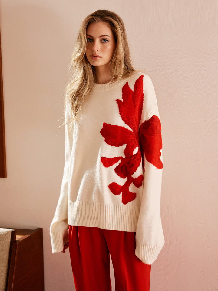 Jakarlı Triko Sweatshirt Yuvarlak Yaka Uzun Kol Ekru Kırmızı Görsel 5 - SvelteChic