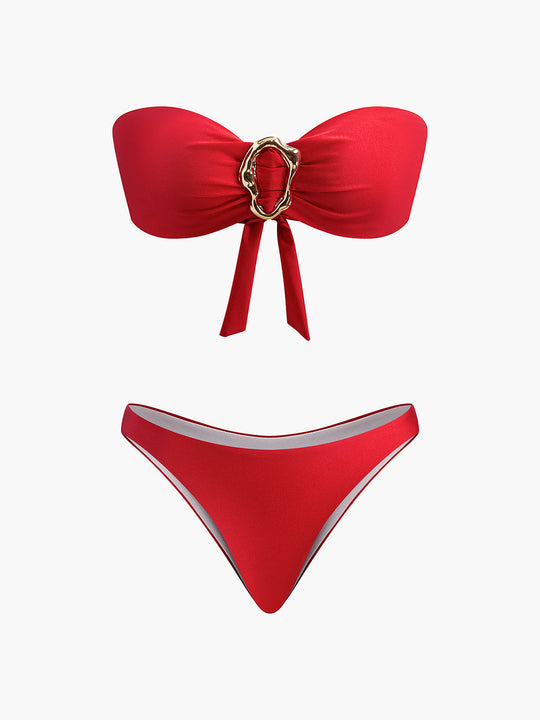 Metal Aksesuarlı Fiyonk Bandeau Bikini Kırmızı Straplez - SvelteChic Kadın Giyim