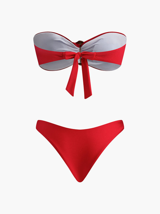 Metal Aksesuarlı Fiyonk Bandeau Bikini Kırmızı Straplez Detay Görünüm - SvelteChic