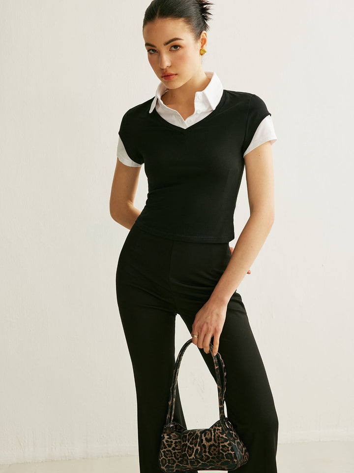 Renk Bloklu Polo Yaka Kısa Kollu Üst Siyah Slim Fit Görsel 4 - SvelteChic