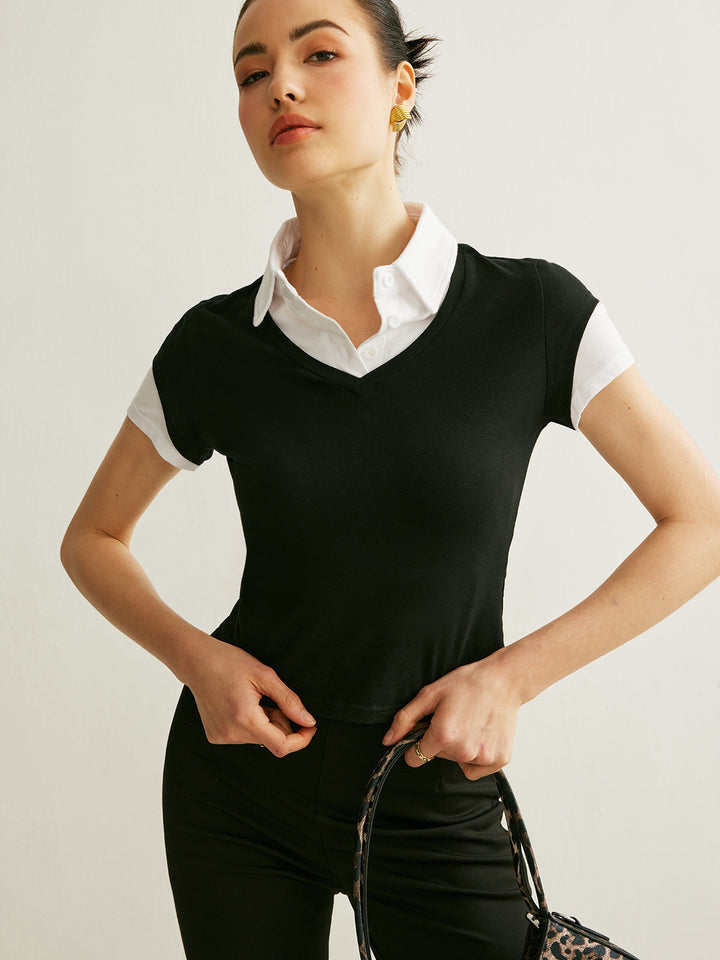 Renk Bloklu Polo Yaka Kısa Kollu Üst Siyah Slim Fit Kombin - SvelteChic