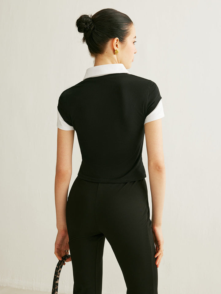 Renk Bloklu Polo Yaka Kısa Kollu Üst Siyah Slim Fit Görsel 6 - SvelteChic