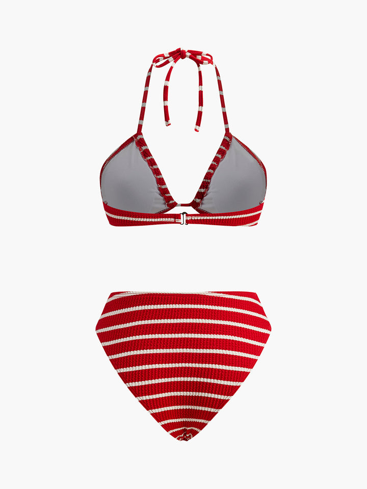 Çizgili Bikini Takımı Şort Kırmızı Halter Yaka Görsel 5 - SvelteChic