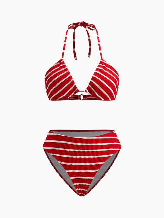 Çizgili Bikini Takımı Şort Kırmızı Halter Yaka Detay Görünüm - SvelteChic