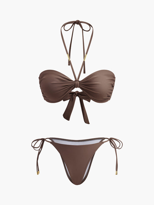 Kravat Detaylı Halter Bikini Seti Kahverengi - SvelteChic Kadın Giyim