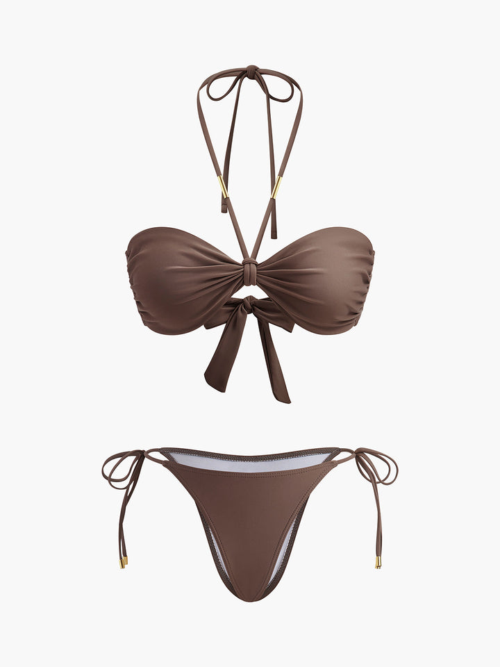 Kravat Detaylı Halter Bikini Seti Kahverengi - SvelteChic Kadın Giyim