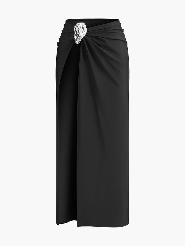 Metal Aksesuarlı Sarong Etek Siyah Jersey Kombin - SvelteChic