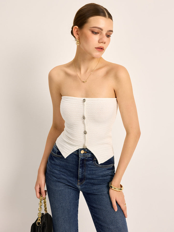 Düğmeli Askısız Triko Üst Beyaz Slim Fit Görsel 4 - SvelteChic