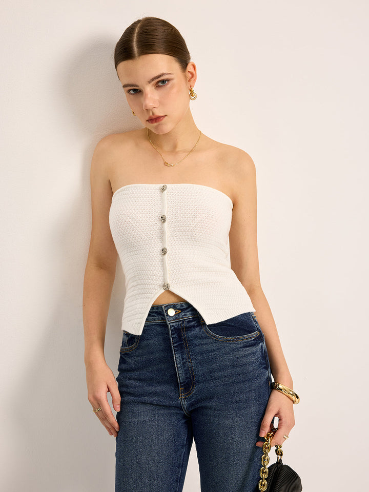 Düğmeli Askısız Triko Üst Beyaz Slim Fit Detay Görünüm - SvelteChic