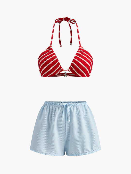 Çizgili Bikini Takımı Şort Kırmızı Halter Yaka - SvelteChic Kadın Giyim
