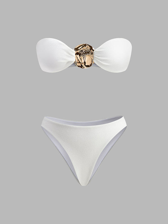Altın Detaylı Tek Omuz Bikini Beyaz Şık Kapama Detay Görünüm - SvelteChic