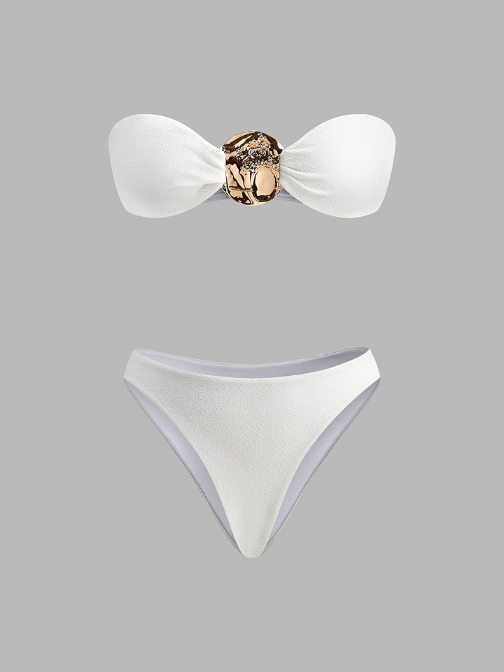 Altın Detaylı Tek Omuz Bikini Beyaz Şık Kapama Detay Görünüm - SvelteChic
