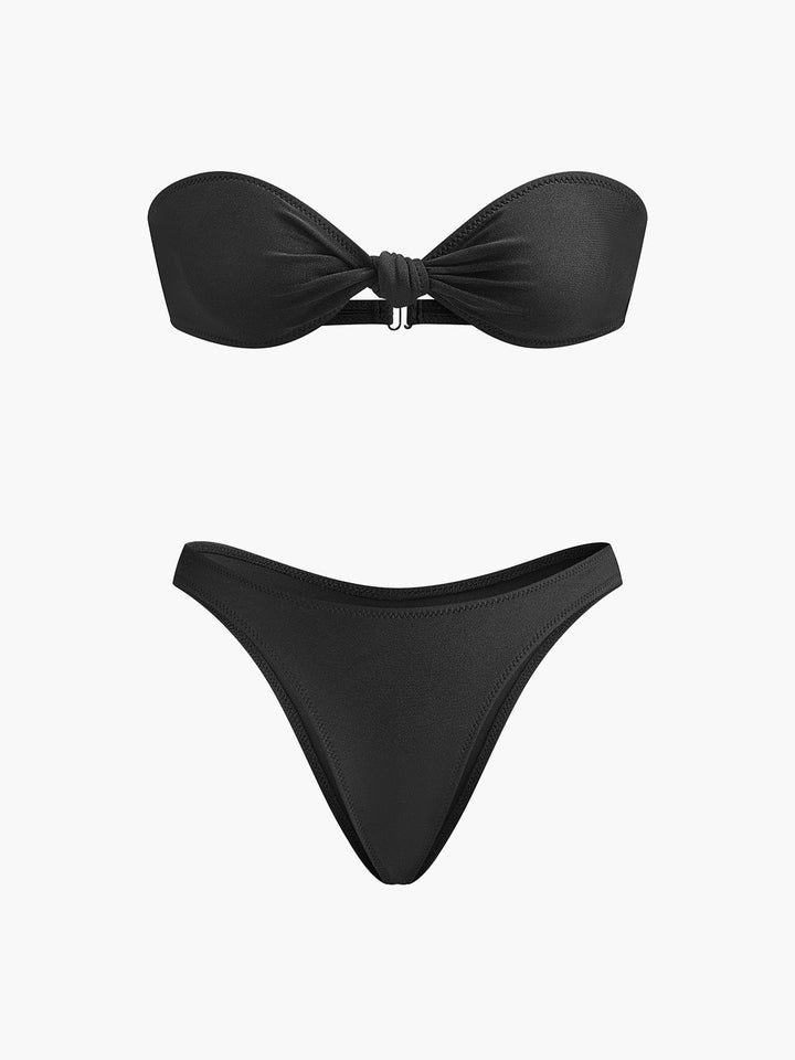 Şık Düğümlü Bandeau Bikini Takımı Siyah Kombin - SvelteChic