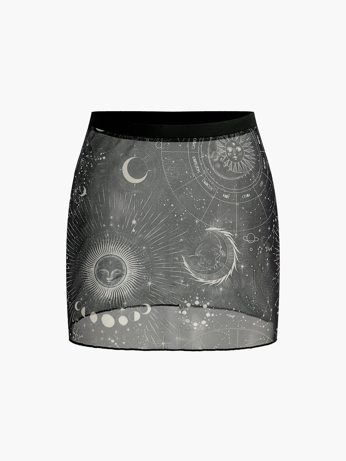 Astroloji Baskılı Mini Etek Siyah Mesh Detaylı · 2