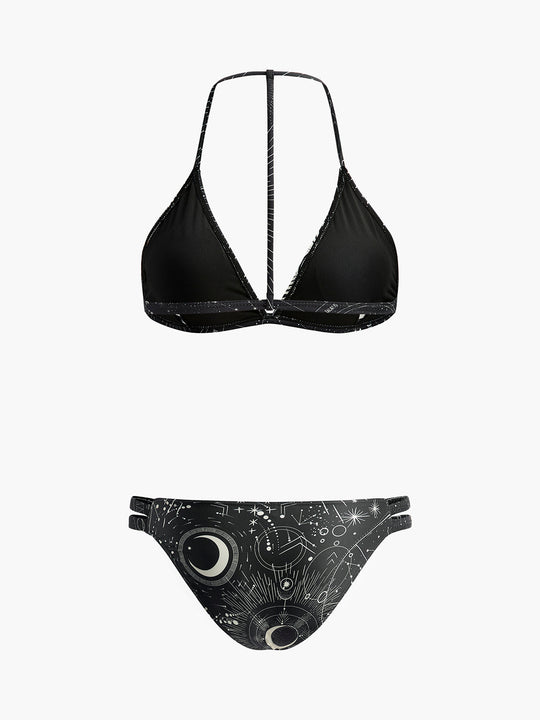 Gökyüzü Temalı Halter Bikini Takımı Siyah Geometrik Desenli Detay Görünüm - SvelteChic